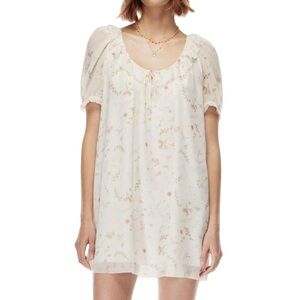 Aritzia Wilfred Reverie Puff-Sleeve Mini Dress White & Pink Floral Chiffon Sz M